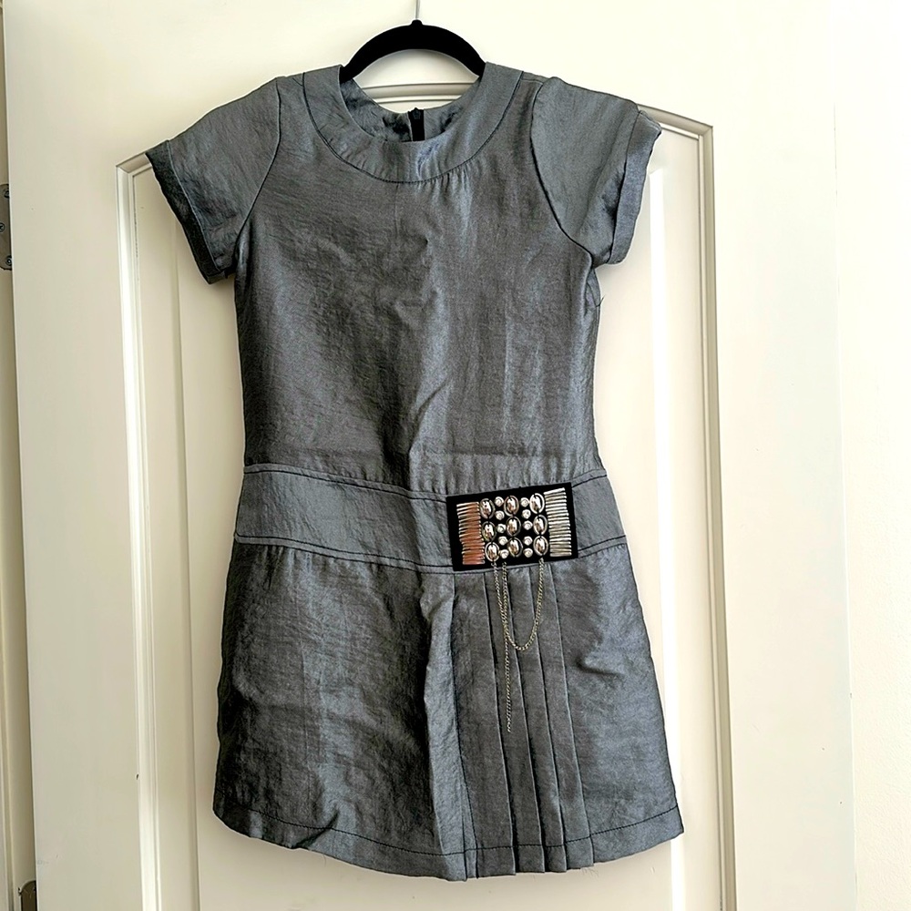 Girls Holiday dress - LAUNDRY by Shell Segal sliver/grey shimmer pair Mary Janes